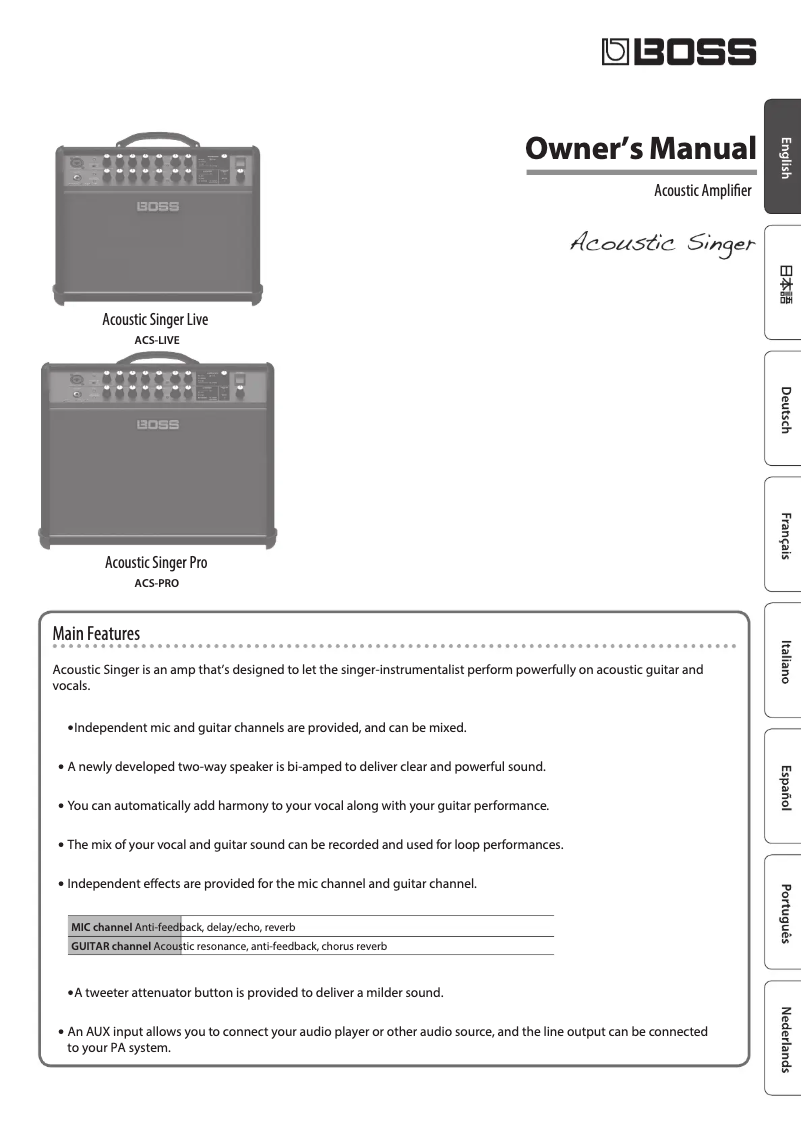 Page 1 de la notice Manuel utilisateur Boss ACS-Live