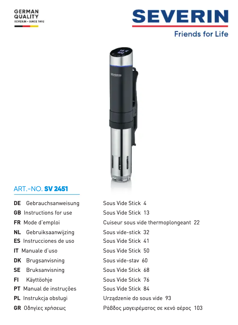 Page 1 de la notice Manuel utilisateur Severin SV 2451