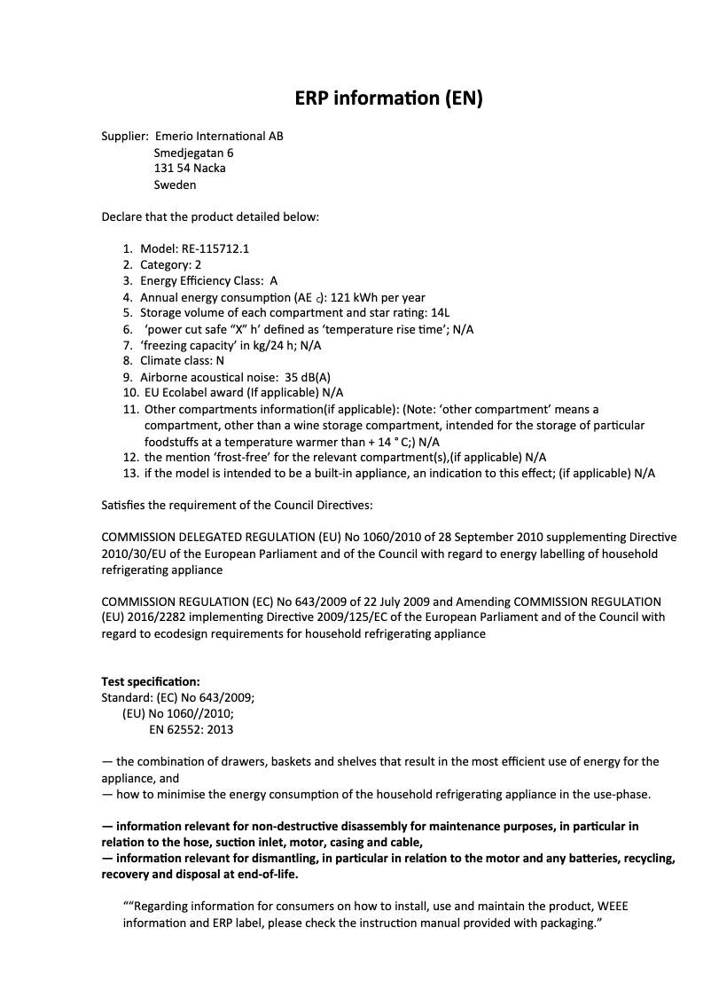 Page 1 de la notice Fiche technique Emerio RE-115712.1