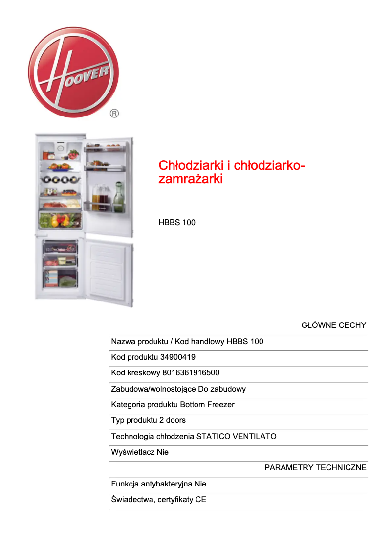 Page 1 de la notice Fiche technique Hoover HBBS 100