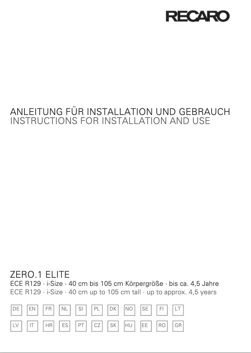 Page 1 de la notice Manuel utilisateur Recaro Zero.1 Elite