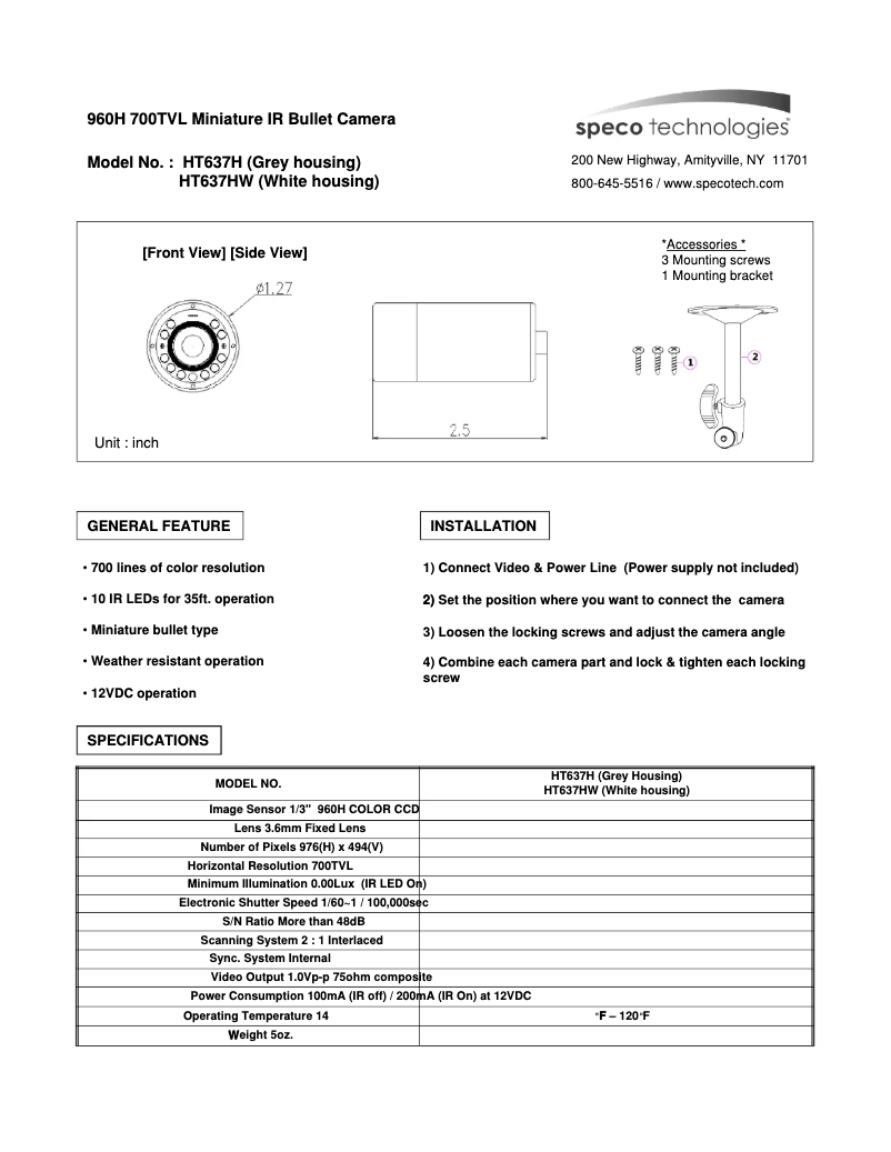 Page 1 de la notice Manuel utilisateur Speco Technologies HT637H