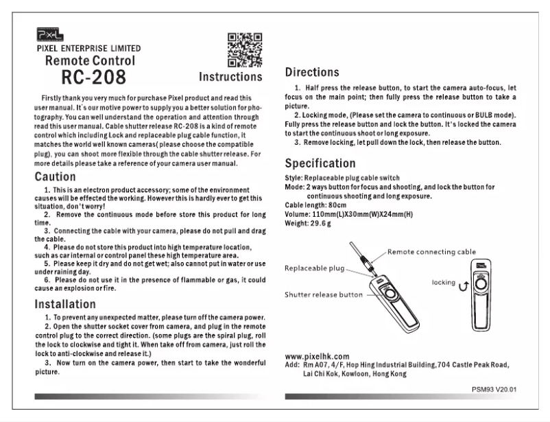 Page 1 de la notice Manuel utilisateur Pixel RC-208