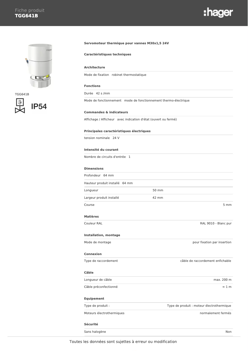 Page n°1 - Fiche technique Hager TGG641B