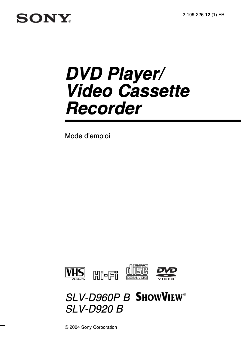 Page 1 de la notice Manuel utilisateur Sony SLV-D960PB