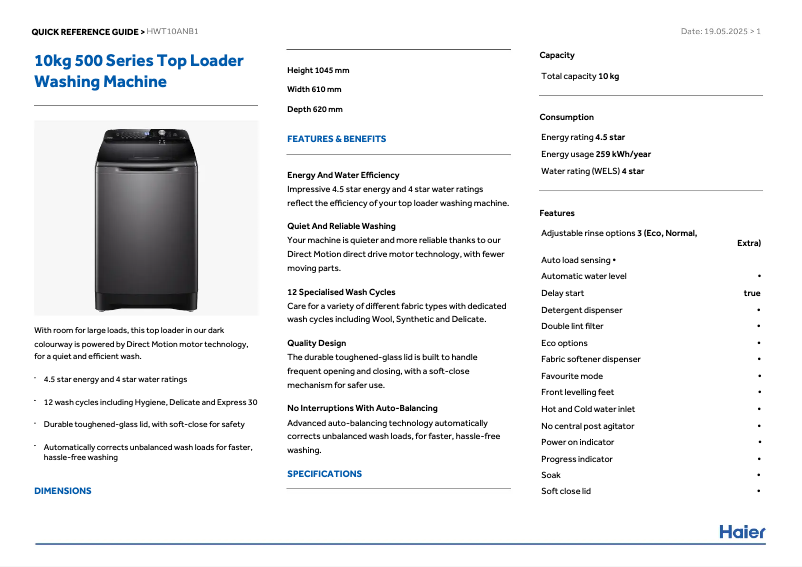 Image de la première page du manuel de l'appareil HWT10ANB1