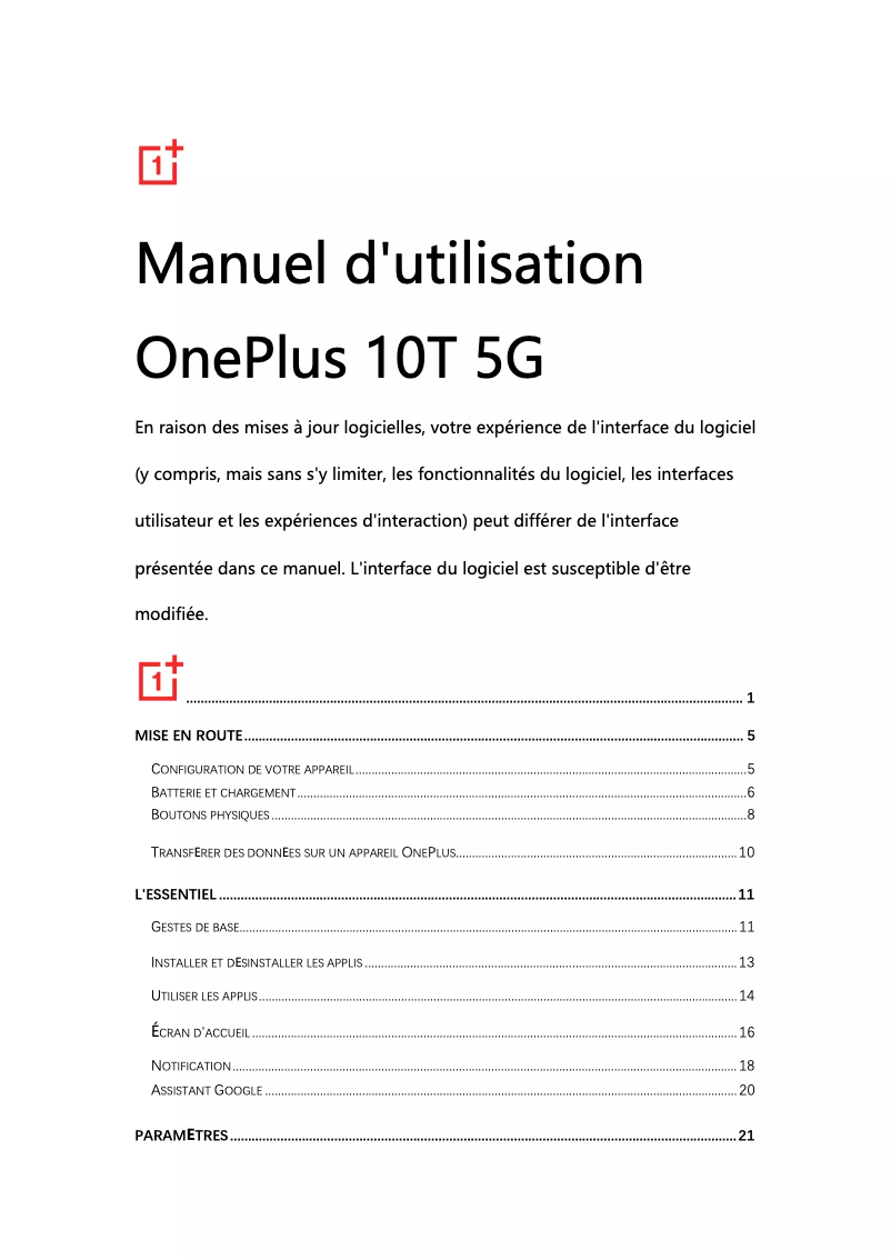 Page 1 de la notice Manuel utilisateur OnePlus 10T 5G