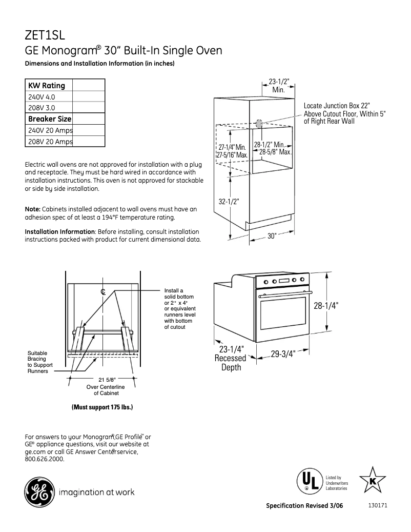 Page 1 de la notice Fiche technique GE ZET1SLSS