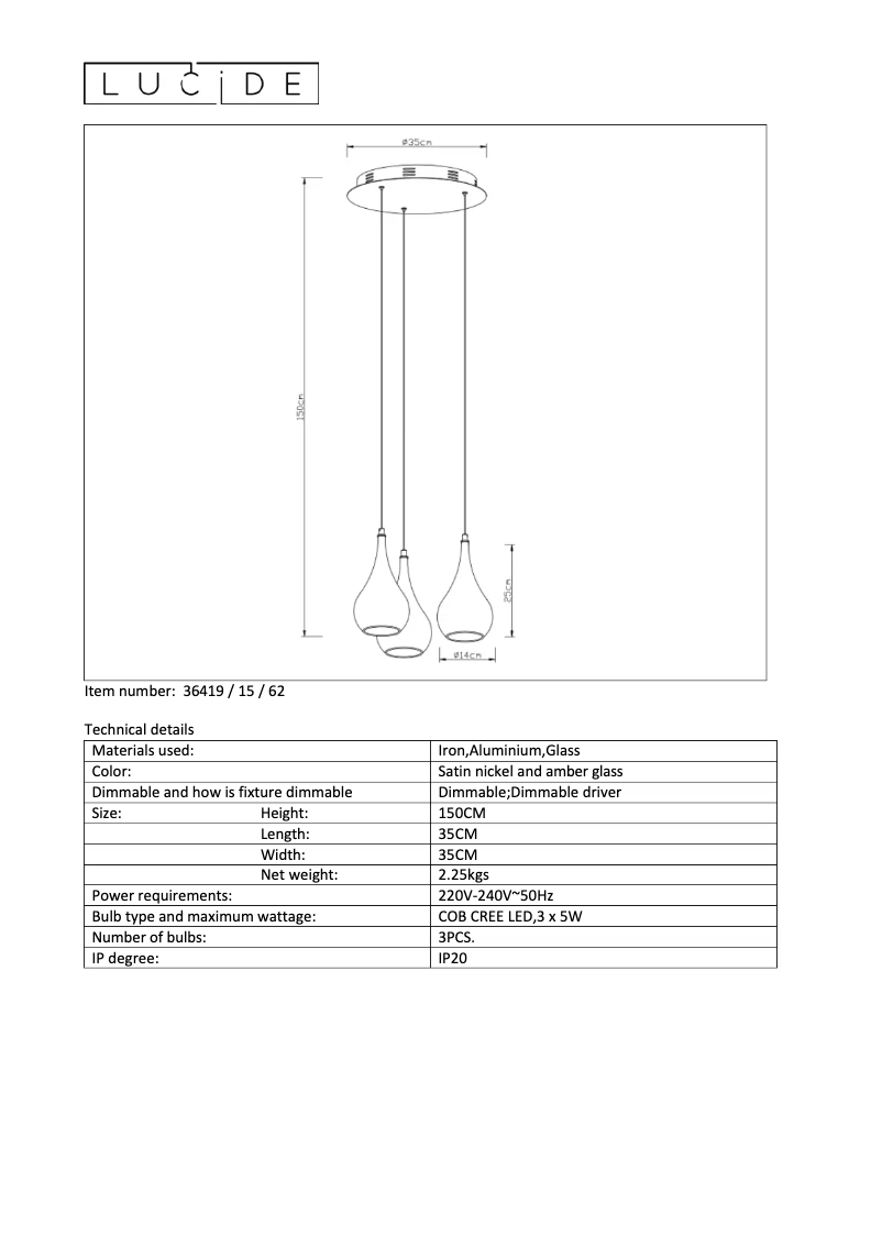 Page 1 de la notice Manuel utilisateur Lucide Jarich led 36419/15/62