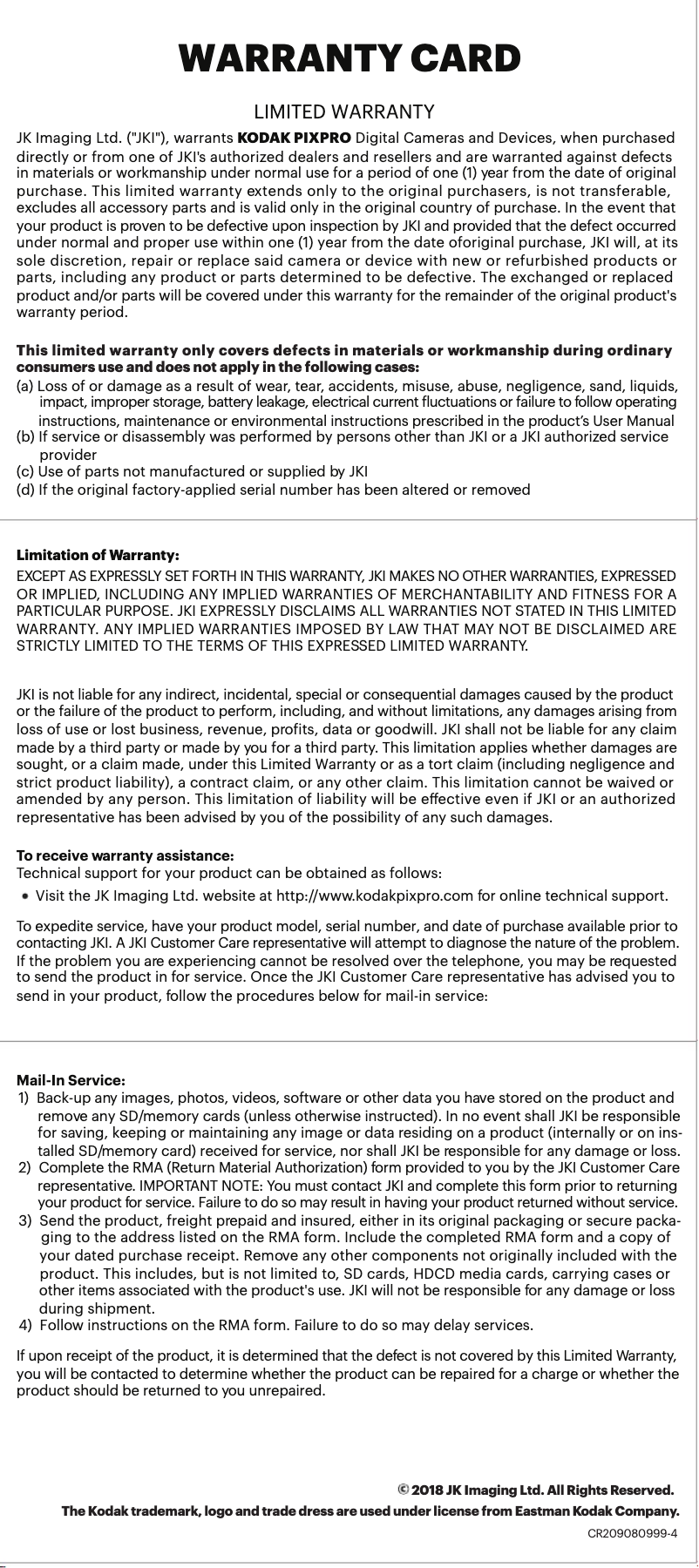 Page 1 de la notice Informations de garantie Kodak Pixpro AZ421
