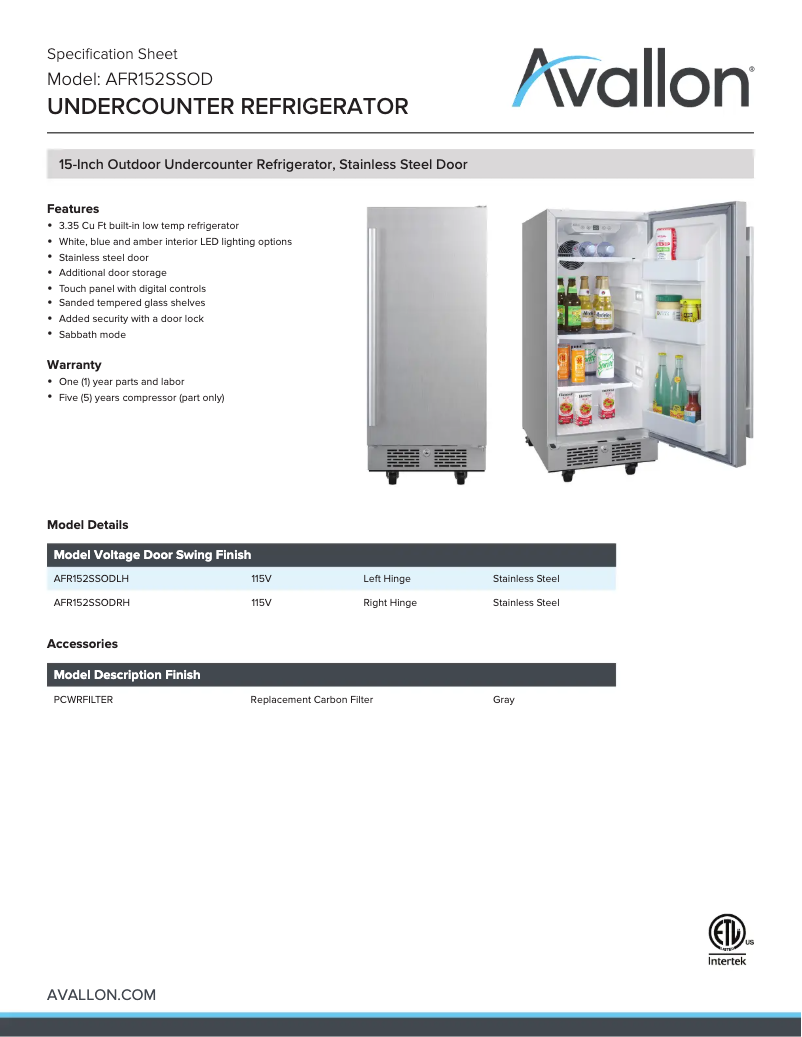 Page 1 de la notice Fiche technique Avallon AFR152SSODRH
