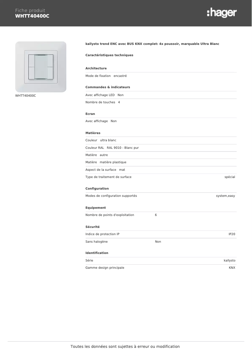 Page 1 de la notice Fiche technique Hager WHTT40400C