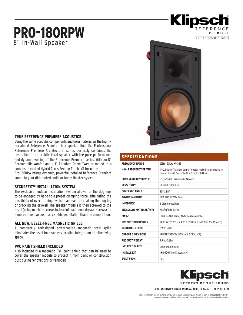 Page 1 de la notice Manuel utilisateur Klipsch PRO-180RPW