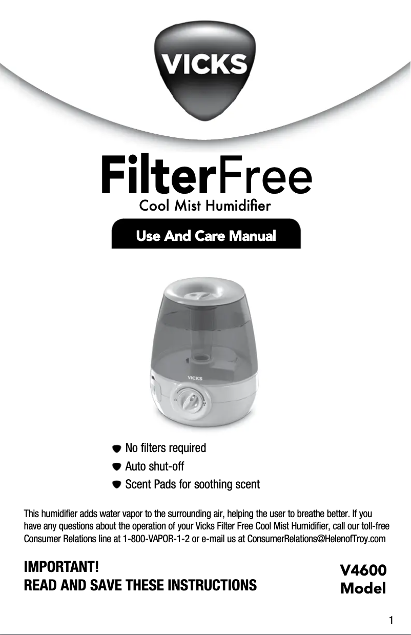 Page 1 de la notice Manuel utilisateur Vicks Filter Free Cool Mist V4600