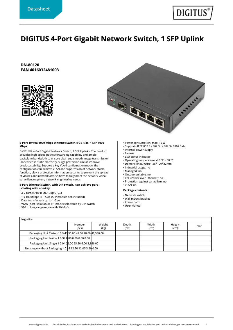 Page n°1 - Fiche technique Digitus DN-80120