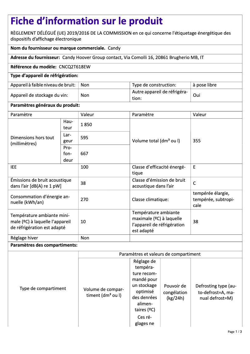 Page 1 de la notice Fiche technique Candy CNCQ2T618EW