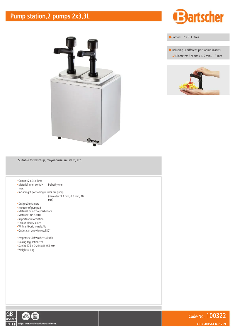 Page 1 de la notice Fiche technique Bartscher 100322