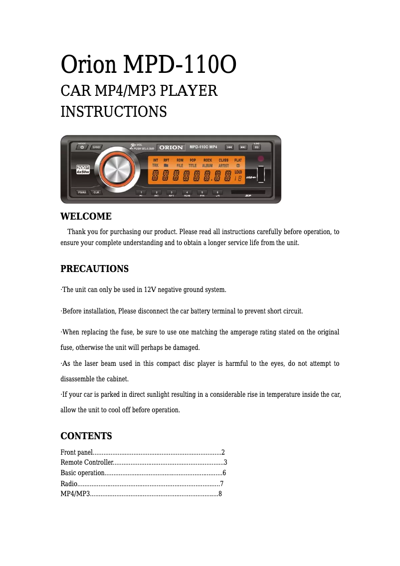 Page 1 de la notice Manuel utilisateur Orion MPD-110O