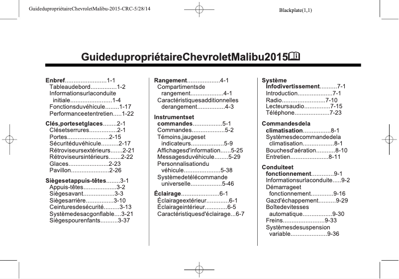 Page 1 de la notice Manuel utilisateur Chevrolet Malibu (2015)