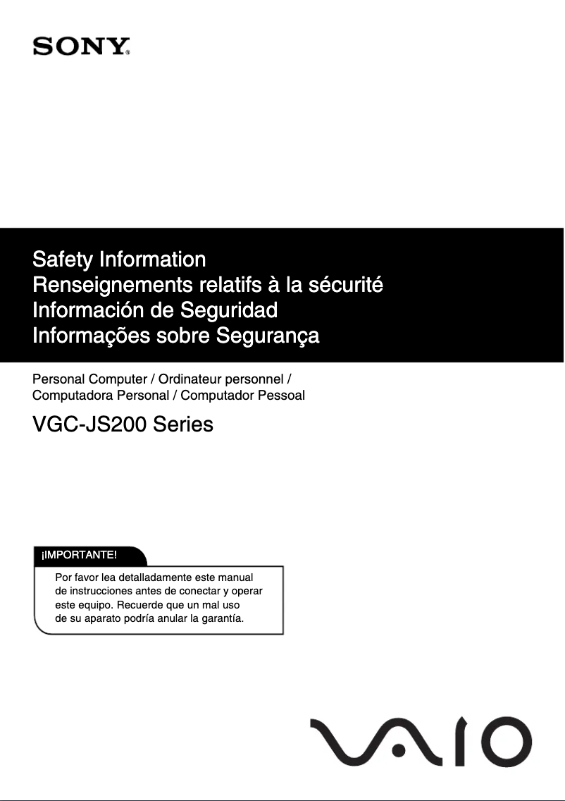 Image de la première page du manuel de l'appareil Vaio VGC-JS250D