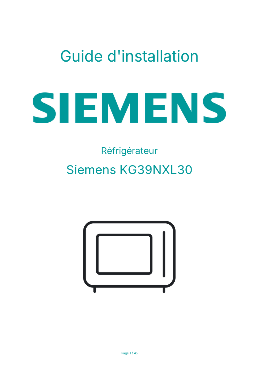 Page n°1 - Guide d'installation Siemens KG39NXL30