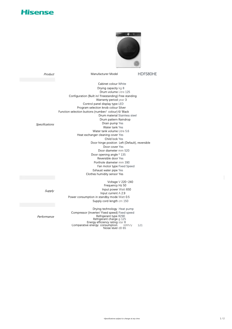 Página 1 del manual Ficha técnica Hisense HDFS80HE