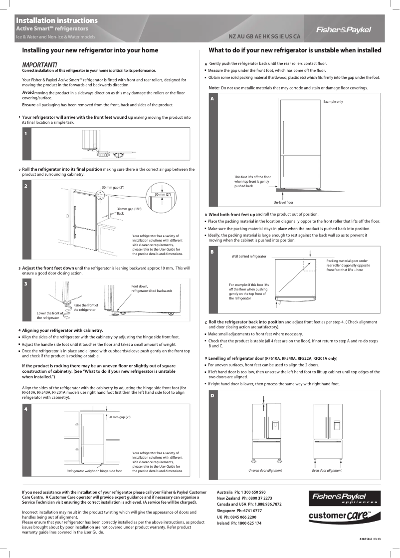 Page 1 de la notice Guide d'installation Fisher & Paykel RF522ADJX5