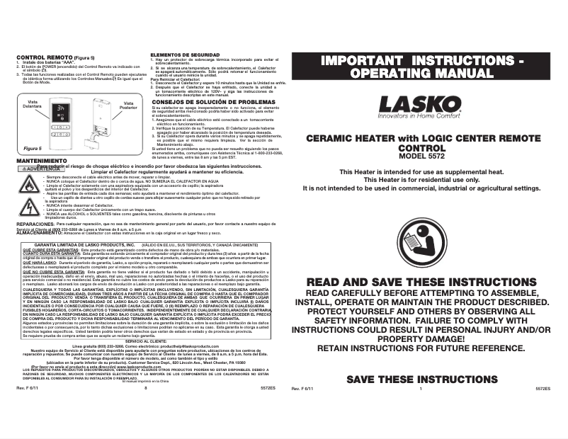 Page 1 de la notice Manuel utilisateur Lasko 5572