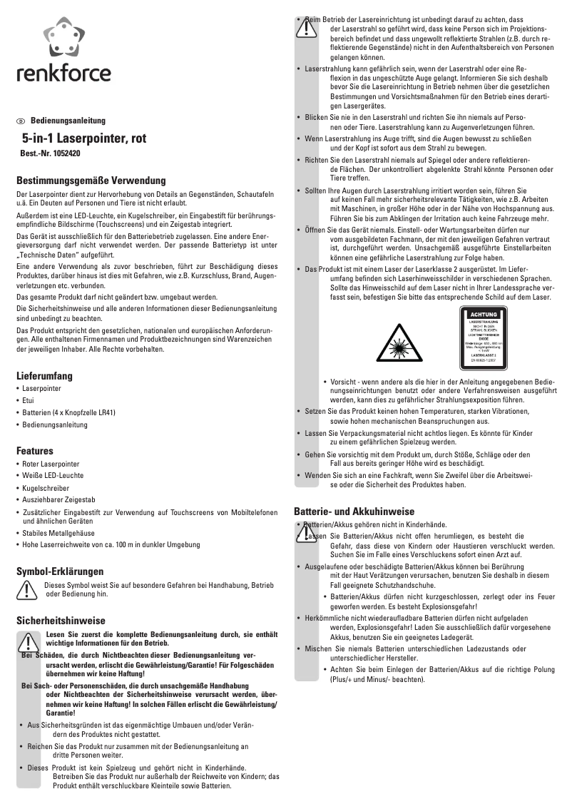Page n°1 - Manuel utilisateur Renkforce 1052420