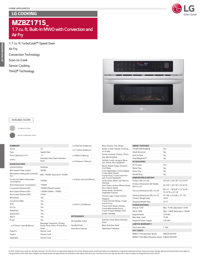 Page 1 de la notice Fiche technique LG MZBZ1715D
