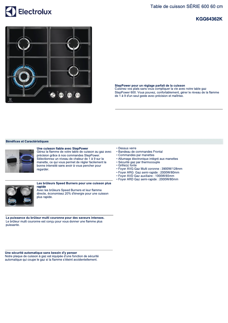 Page 1 de la notice Fiche technique Electrolux KGG64362K