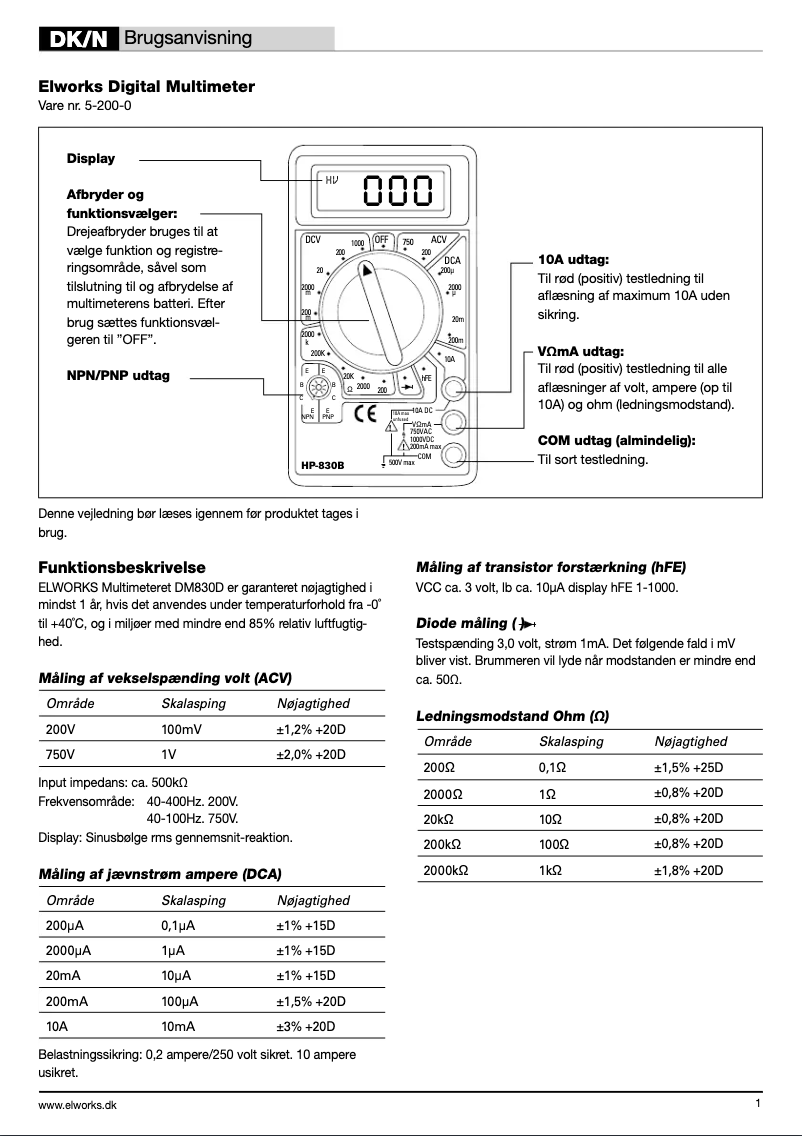 Page n°1 - Manuel utilisateur Elworks HP-830B
