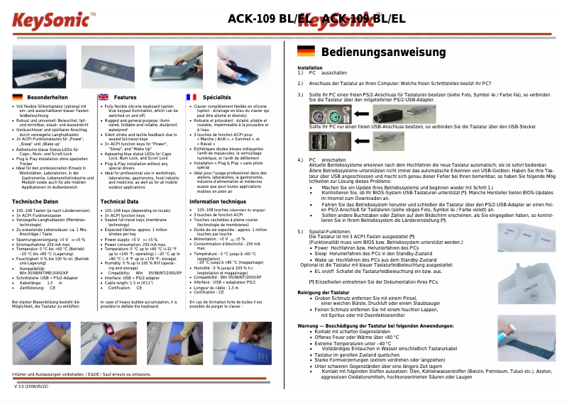Page n°1 - Manuel utilisateur KeySonic ACK-109 EL