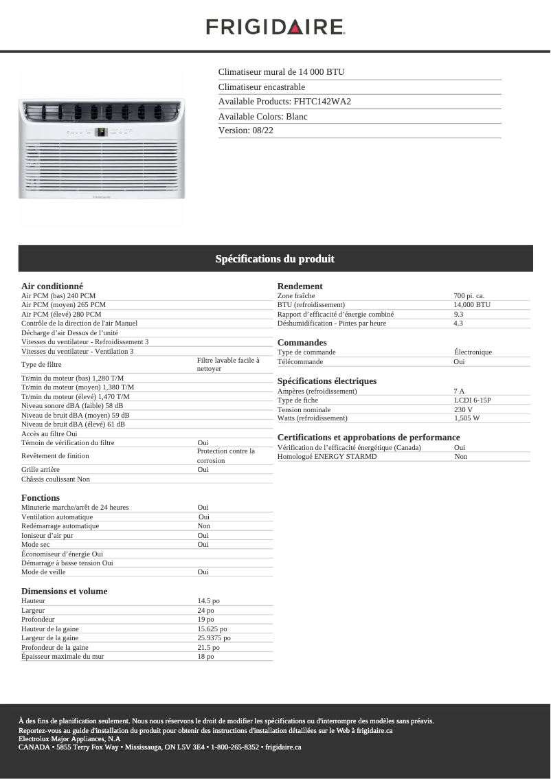 Page 1 de la notice Fiche technique Frigidaire FHTC142WA2