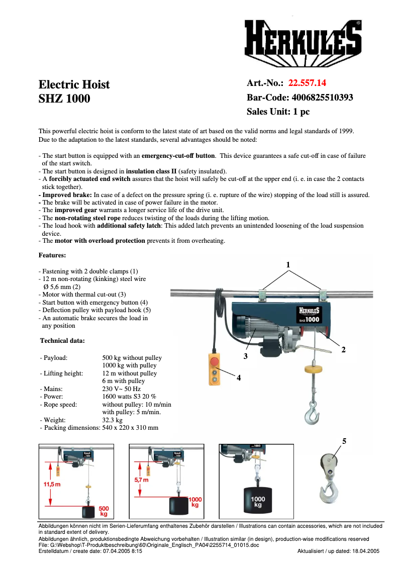 Page n°1 - Fiche technique Herkules SHZ 1000