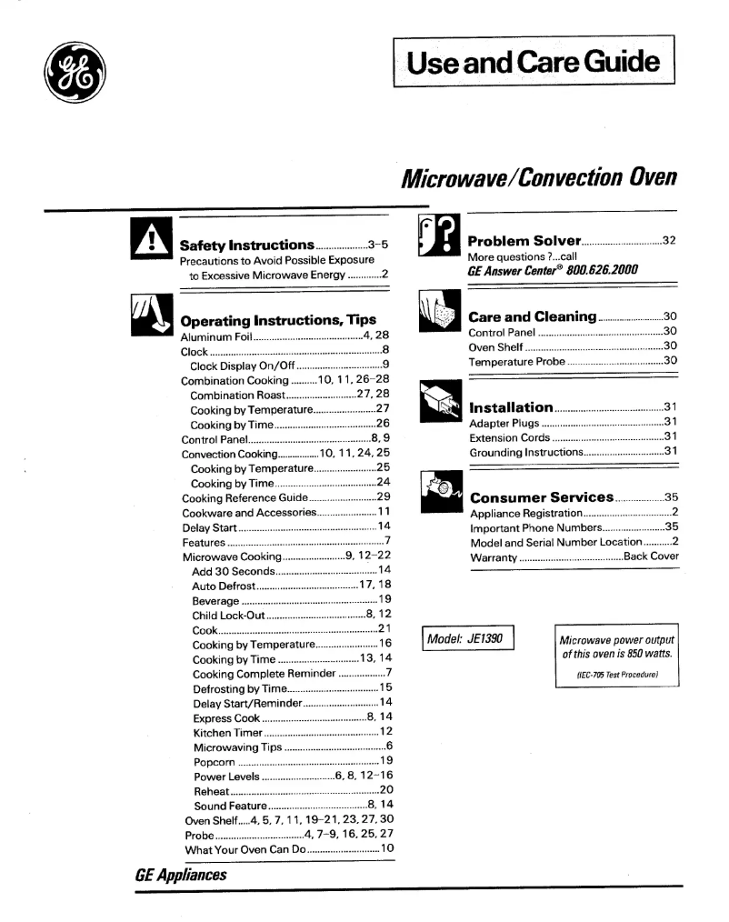 Page n°1 - Manuel d'utilisation et d'entretien GE Profile JE1390GV