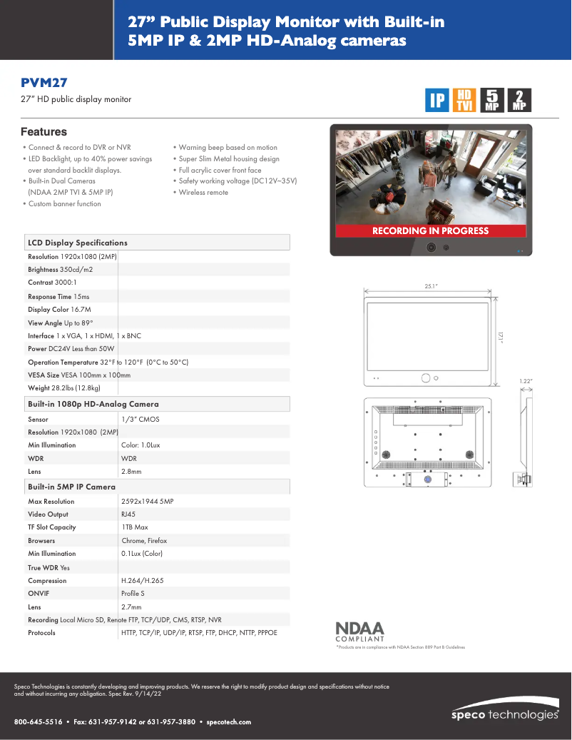 Page 1 de la notice Fiche technique Speco Technologies PVM27