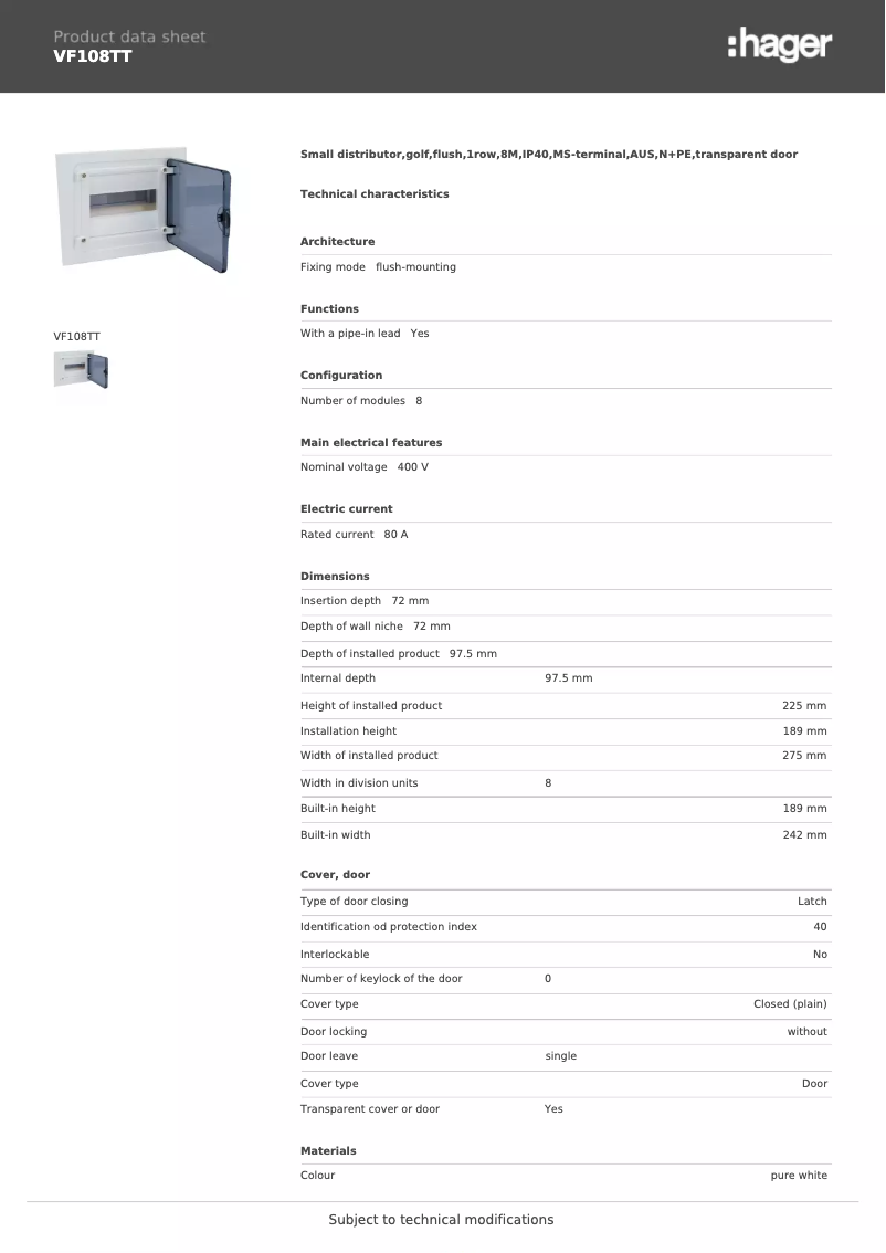 Page n°1 - Fiche technique Hager VF108TT