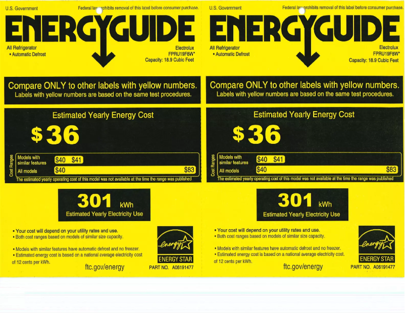 Page 1 de la notice Label énergétique Frigidaire FPRU19F8WF