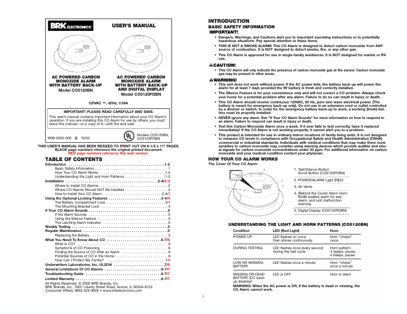 Page n°1 - Manuel utilisateur BRK CO5120BN