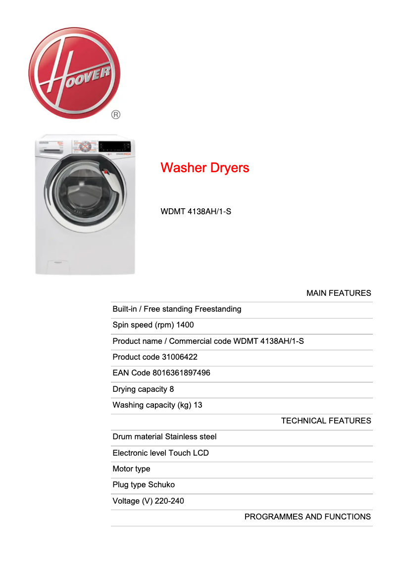 Page n°1 - Fiche technique Hoover WDMT 4138AH/1-S