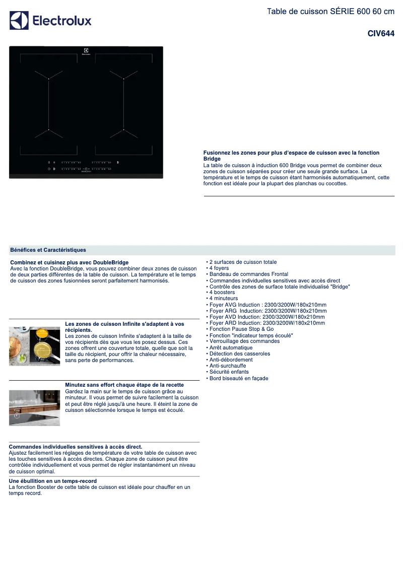 Page 1 de la notice Fiche technique Electrolux CIV644