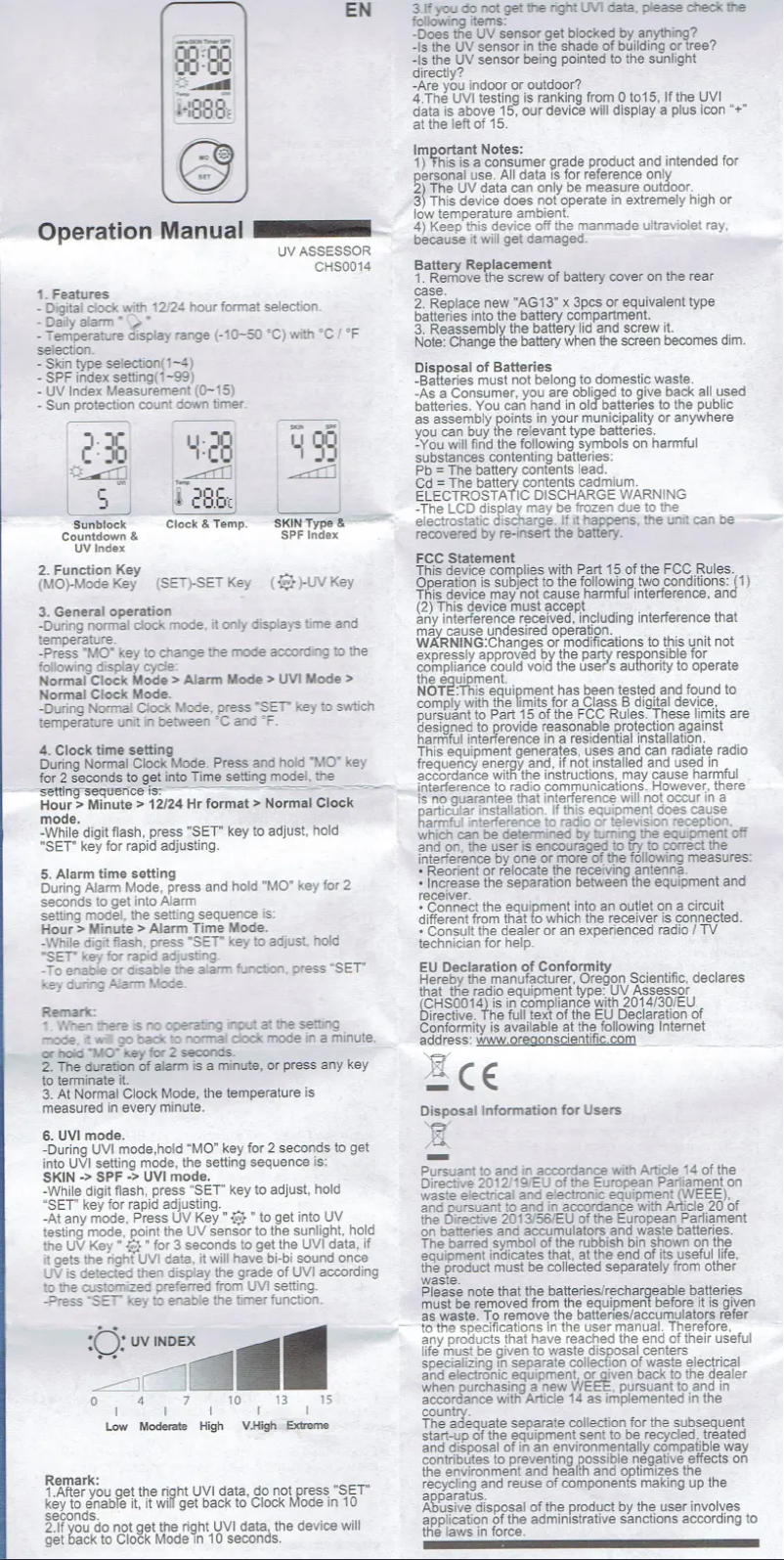 Page n°1 - Manuel utilisateur Oregon Scientific CHS0014