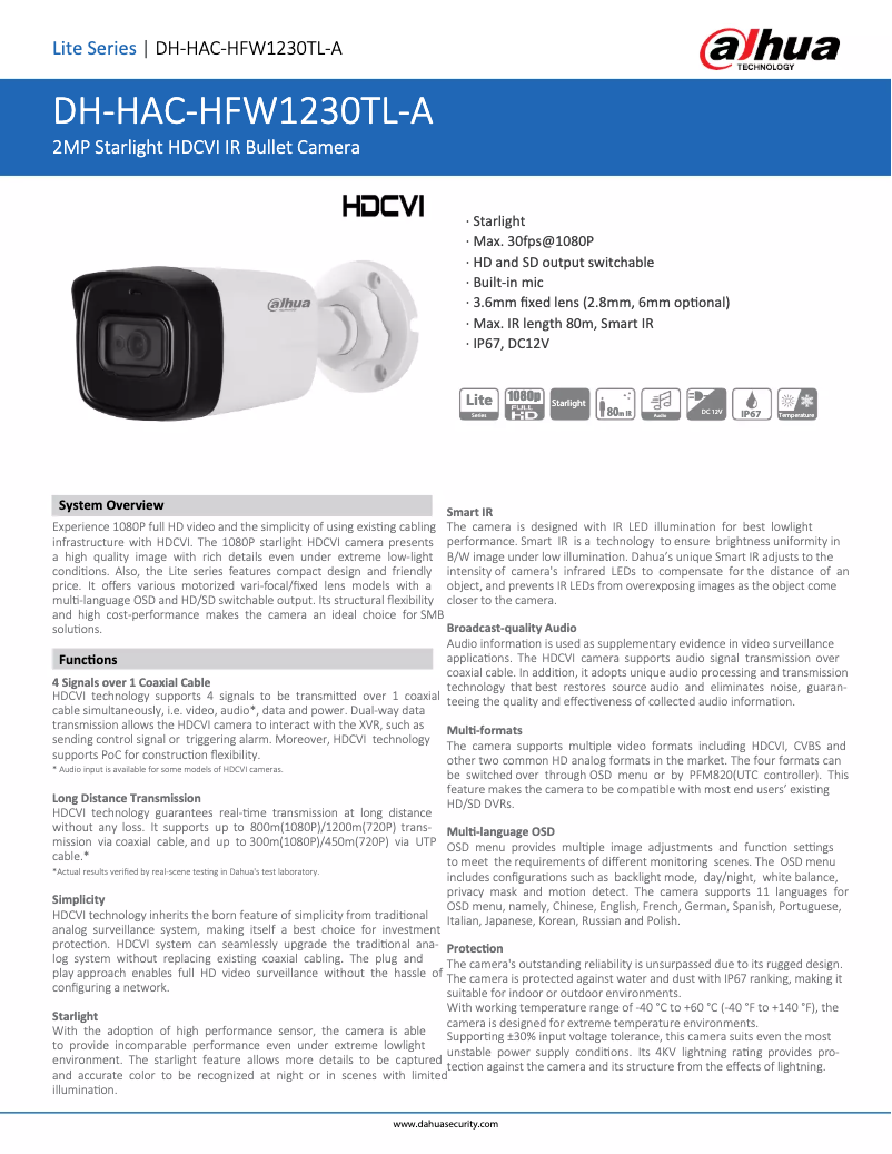 Image de la première page du manuel de l'appareil HAC-HFW1230TL-A