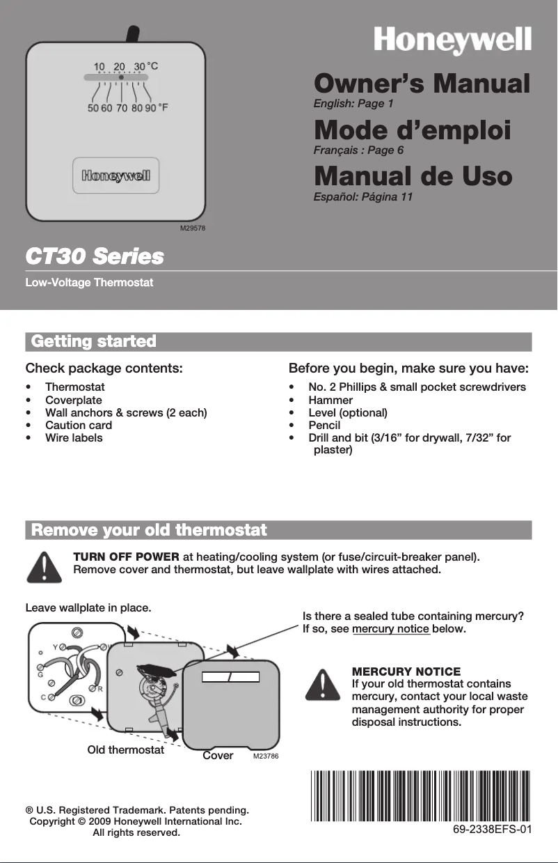 Page 1 de la notice Manuel utilisateur Honeywell CT33A