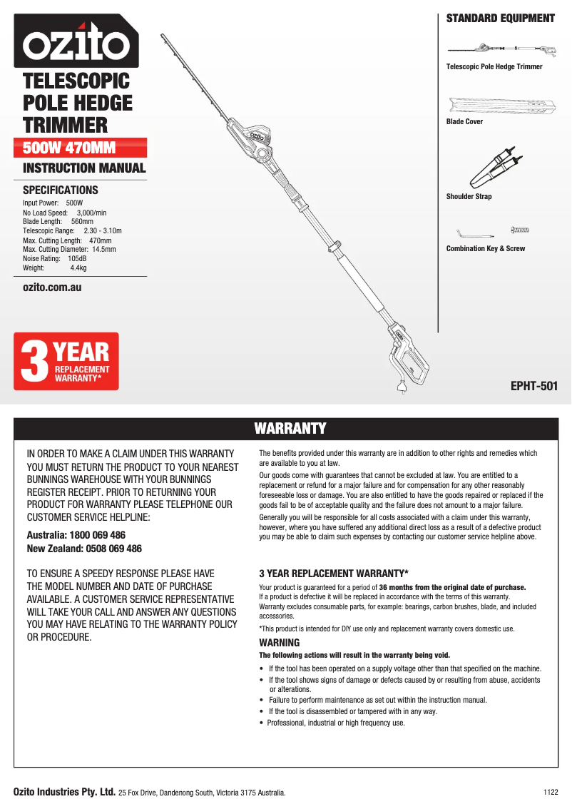 Page 1 de la notice Manuel utilisateur Ozito EPHT-501