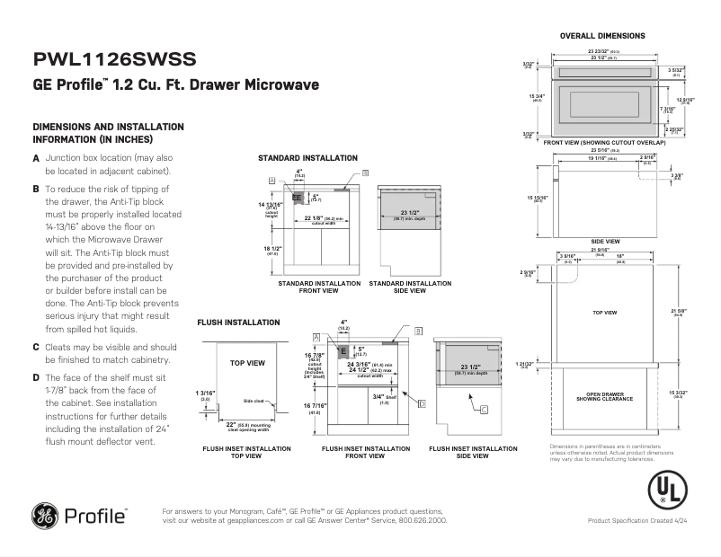 Página 1 del manual Ficha técnica GE Profile PWL1126SWSS