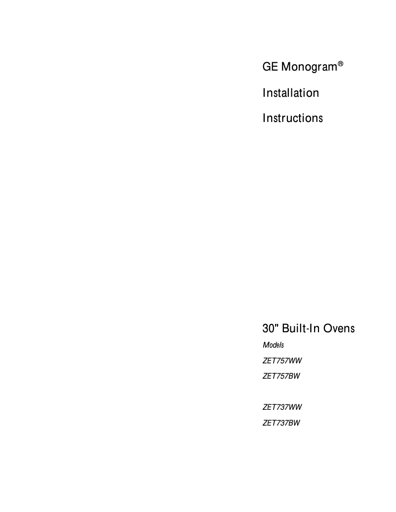 Page n°1 - Guide d'installation GE ZET757WAWW