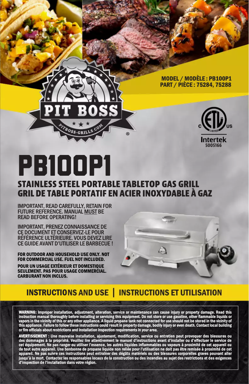 Page 1 de la notice Manuel utilisateur Pit Boss PB100P