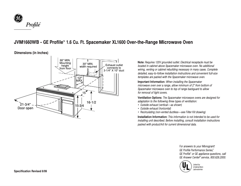 Page 1 de la notice Fiche technique GE Profile JVM1660WB
